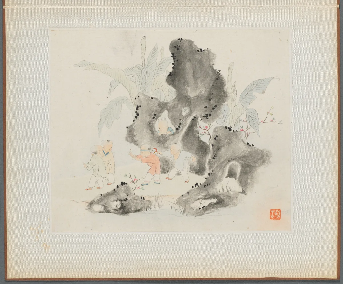 Album of Landscape Paintings Illustrating Old Poems: Children Playing Blindman's Buff in a Garden, painting by Hua Yan