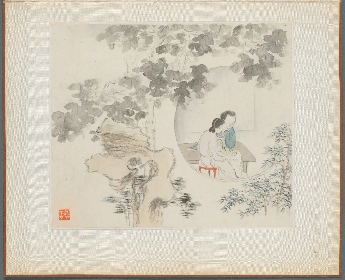 Album of Landscape Paintings Illustrating Old Poems: Two Women with Needlework in a Garden, painting by Hua Yan