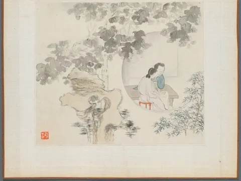 Album of Landscape Paintings Illustrating Old Poems: Two Women with Needlework in a Garden, painting by Hua Yan