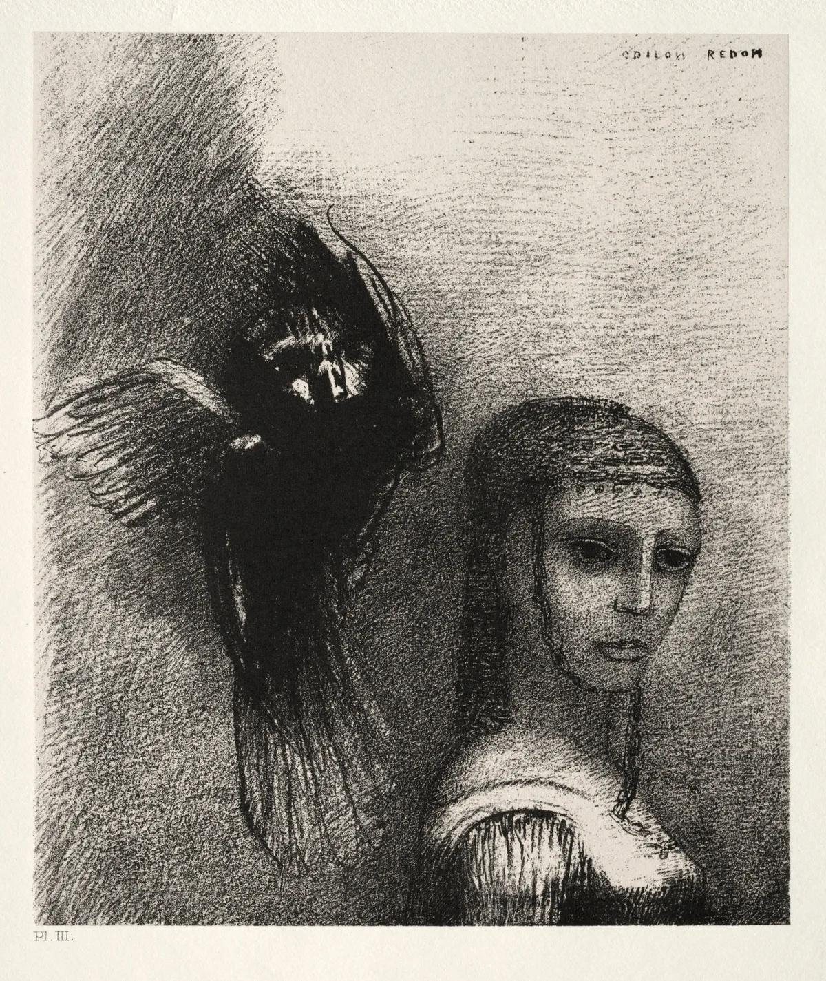 And a Large Bird, Descending from the Sky, Hurls Itself against the Topmost Point of Her Hair, print by Odilon Redon