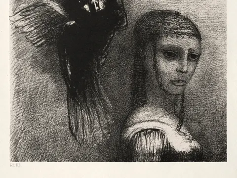 And a Large Bird, Descending from the Sky, Hurls Itself against the Topmost Point of Her Hair, print by Odilon Redon