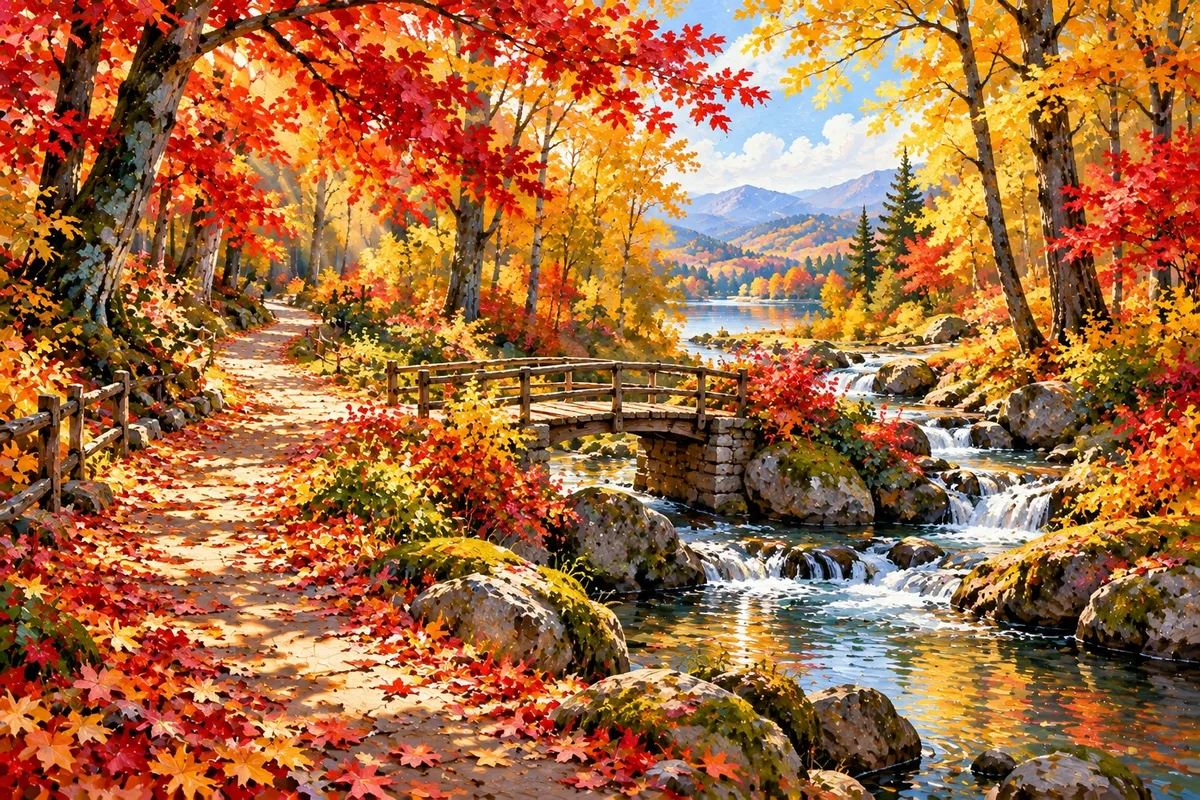 Painting of a forest path with a footbridge under red and gold autumn trees