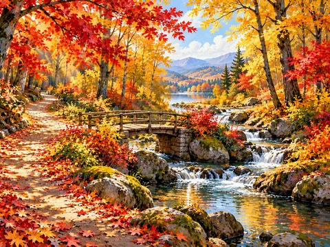 Painting of a forest path with a footbridge under red and gold autumn trees
