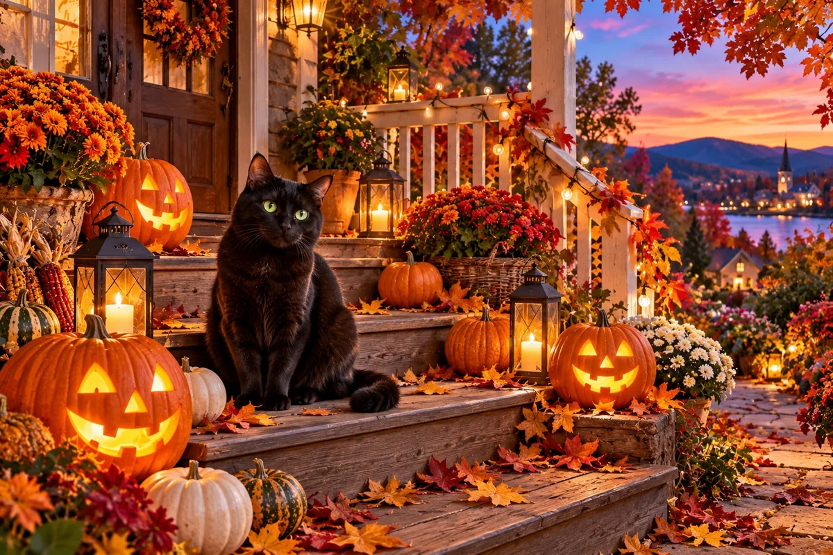 A black cat on porch steps surrounded by carved pumpkins and autumn leaves at dusk