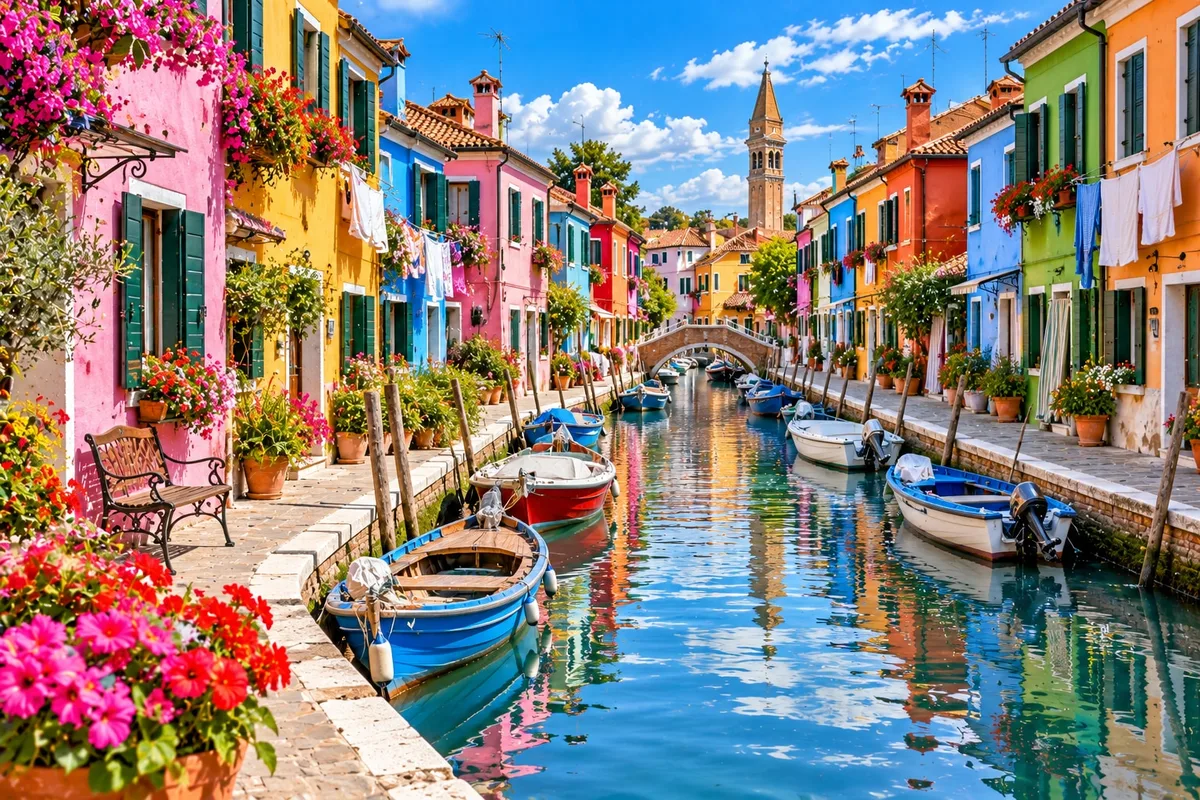 Brightly painted houses and moored boats reflected in a canal on a sunny day