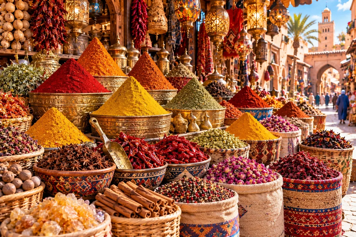 Heaps of brightly coloured spices in sacks and bowls at a market stall