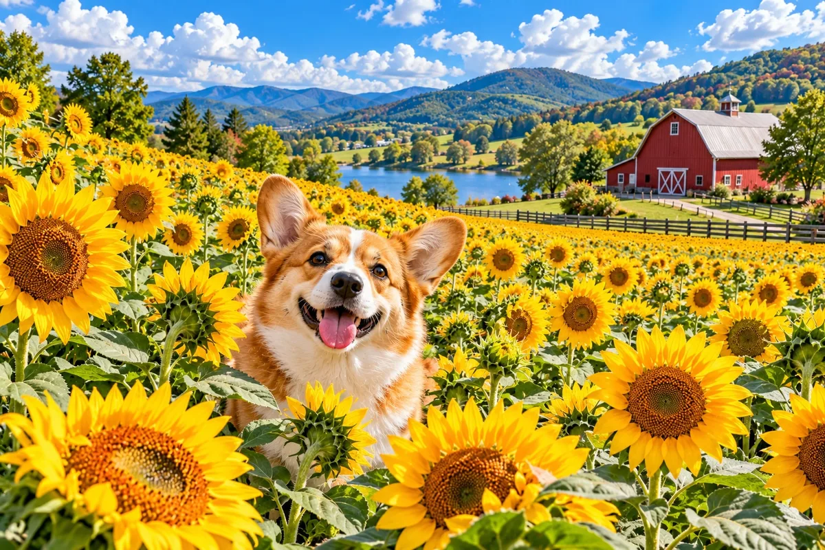 A smiling corgi sitting in a field of sunflowers with a red barn behind
