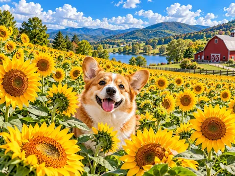 A smiling corgi sitting in a field of sunflowers with a red barn behind