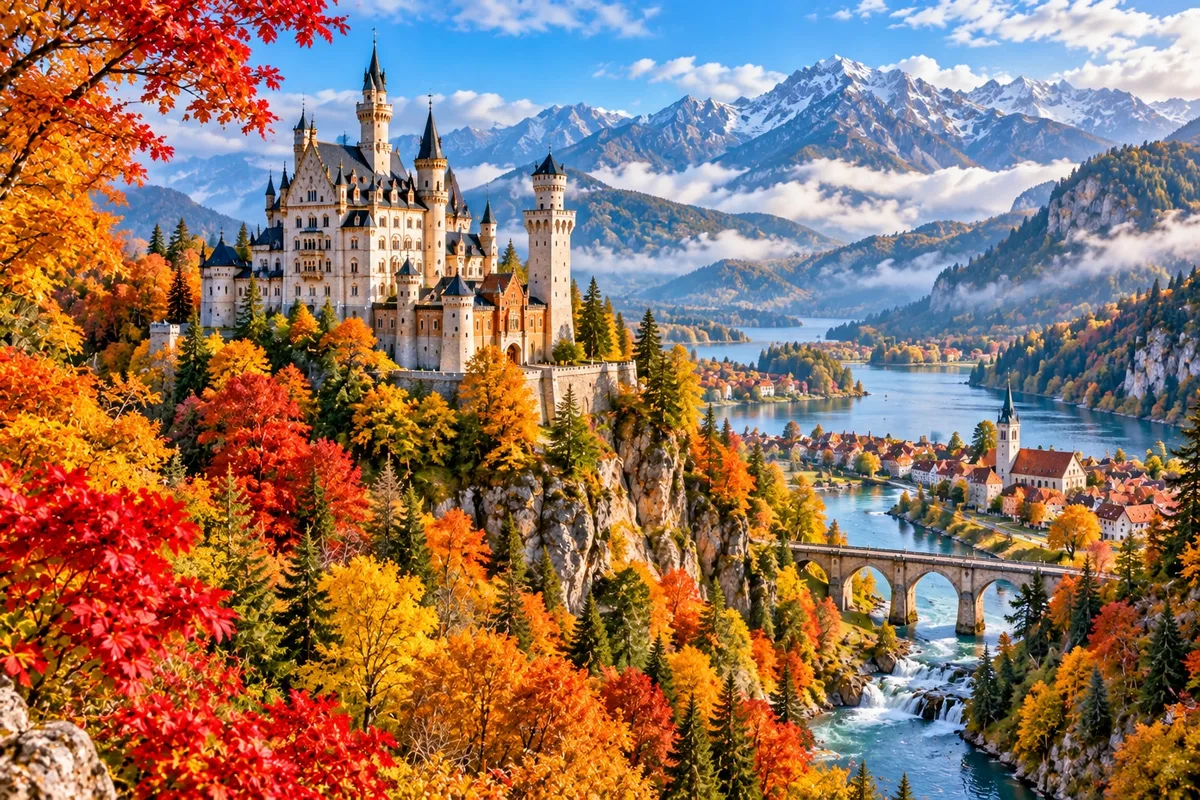 A turreted castle on a hill above a valley of red and orange autumn trees