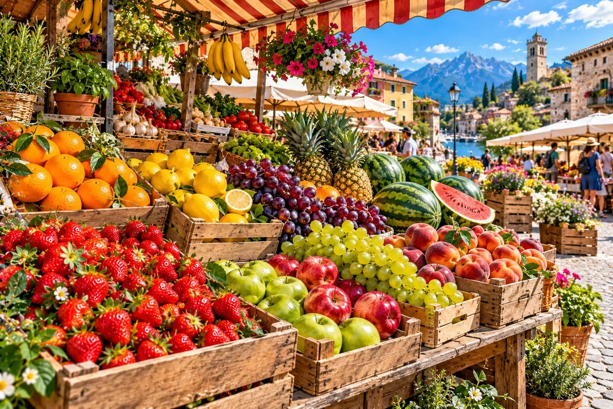 Wooden crates of colourful fresh fruit on a market stall