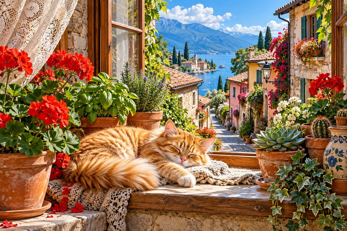 A ginger cat asleep on a sunny windowsill among potted geraniums and herbs