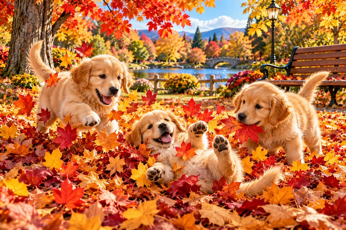 Three golden retriever puppies playing in a pile of colourful autumn leaves