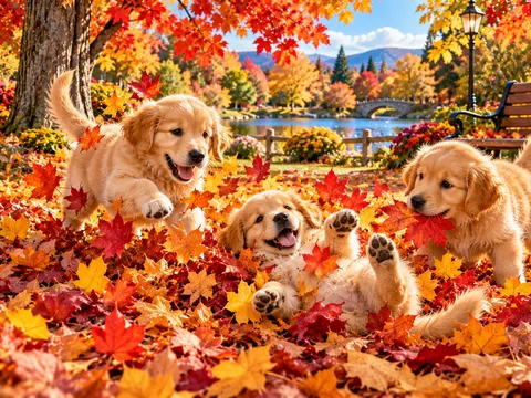 Three golden retriever puppies playing in a pile of colourful autumn leaves