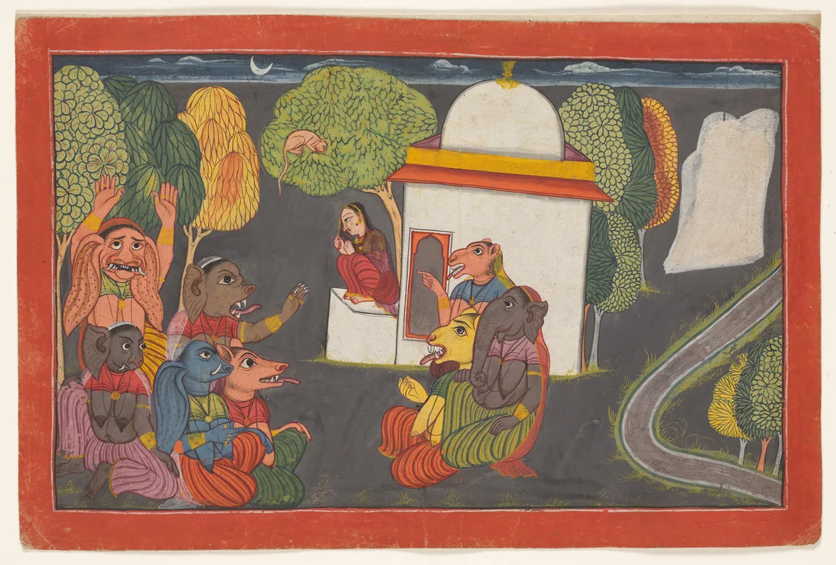 Hanuman spies Sita in the Ashoka Grove, from the “Shangri” Ramayana, painting by Unknown artist