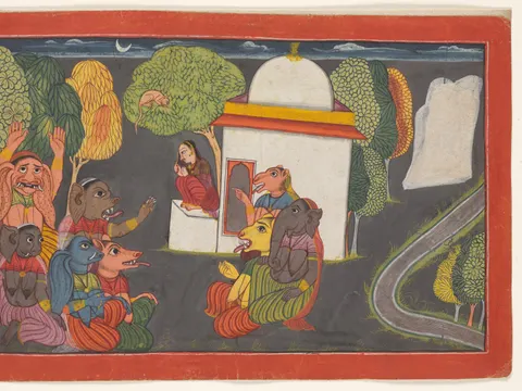 Hanuman spies Sita in the Ashoka Grove, from the “Shangri” Ramayana, painting by Unknown artist
