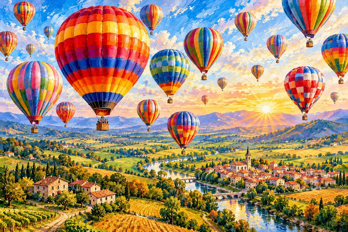 Painting of colourful hot air balloons floating over a green valley