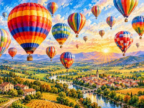 Painting of colourful hot air balloons floating over a green valley