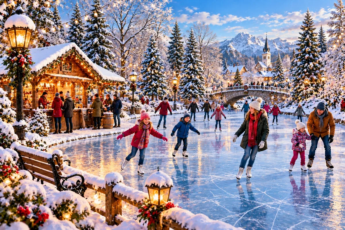 People in colourful winter clothes ice skating on a frozen pond in a snowy park