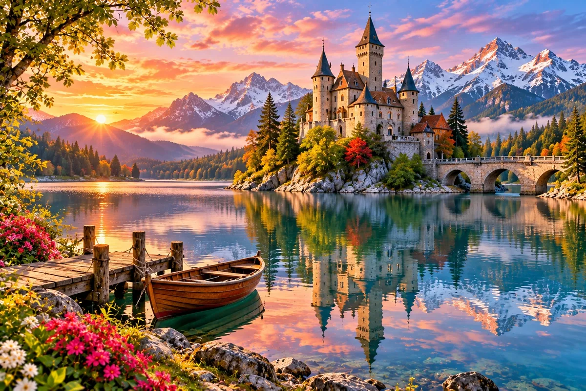 A stone castle on a lake island reflected in still water at sunrise