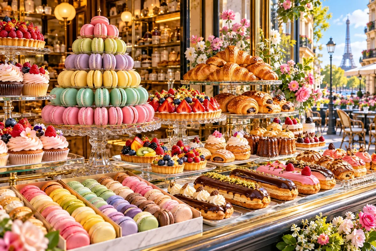 A bakery window display of pastel macarons, fruit tarts and pastries