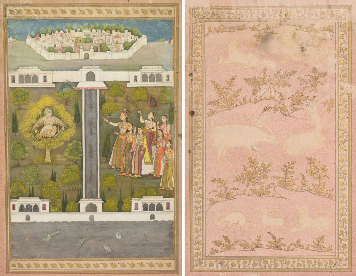 Mahliqa, Daughter of the Emperor of China, Pointing at the Bird-Man Khwaja Mubarak: A Leaf from a Poetical Romance Relating to Shah Alam I (verso); Stenciled Scenes of Lion and Gazelle (verso), painting by Unknown artist