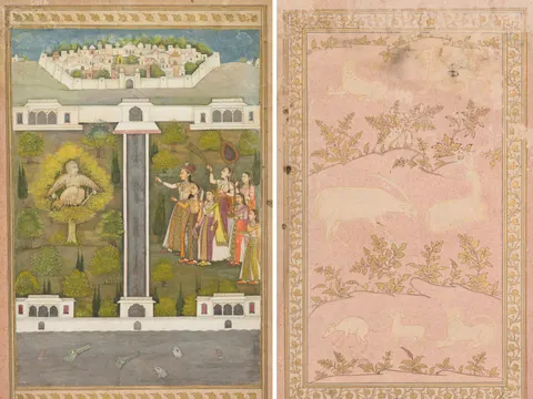 Mahliqa, Daughter of the Emperor of China, Pointing at the Bird-Man Khwaja Mubarak: A Leaf from a Poetical Romance Relating to Shah Alam I (verso); Stenciled Scenes of Lion and Gazelle (verso), painting by Unknown artist