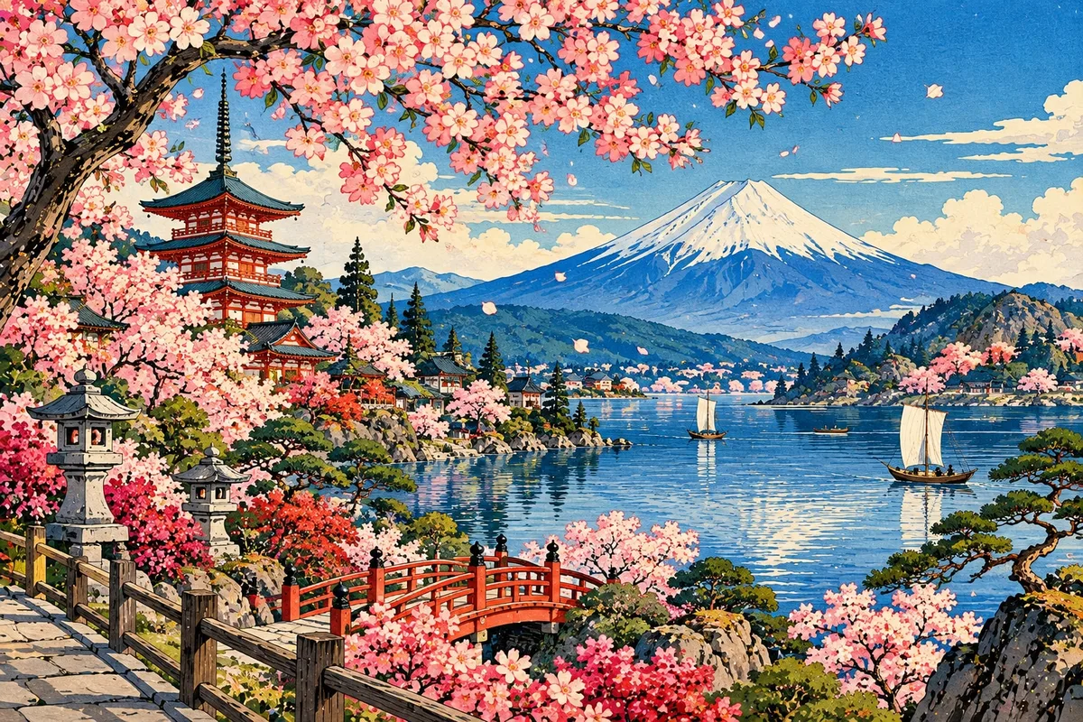 Woodblock-print-style picture of Mount Fuji behind cherry blossoms and a red pagoda