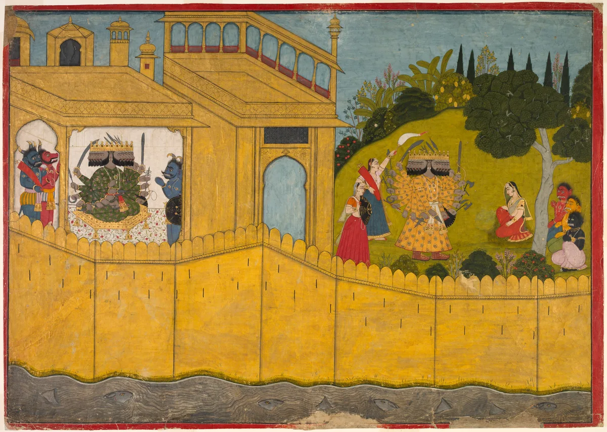 Ravana addresses Sita in the garden of Lanka, from Chapters 53 and 54 of the Aranya Kanda (Book of the Forest) of a Ramayana (Rama’s Journey), painting by Unknown artist