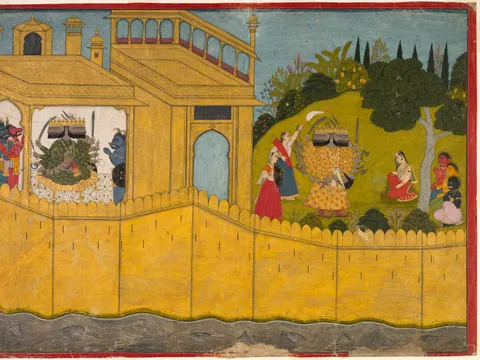 Ravana addresses Sita in the garden of Lanka, from Chapters 53 and 54 of the Aranya Kanda (Book of the Forest) of a Ramayana (Rama’s Journey), painting by Unknown artist