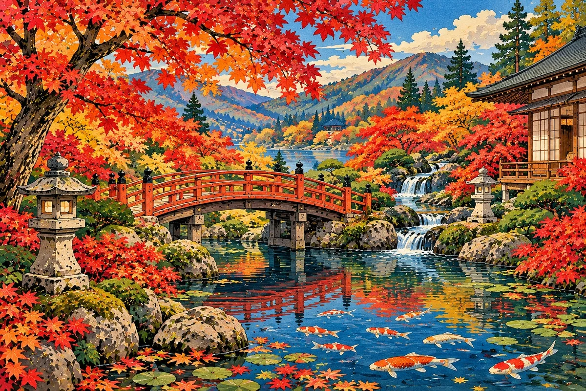 Woodblock-print-style picture of a red bridge over a koi pond among maple trees