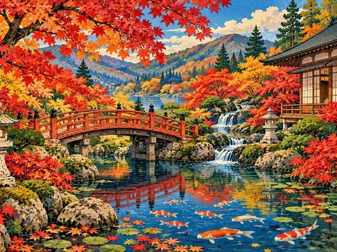 Woodblock-print-style picture of a red bridge over a koi pond among maple trees