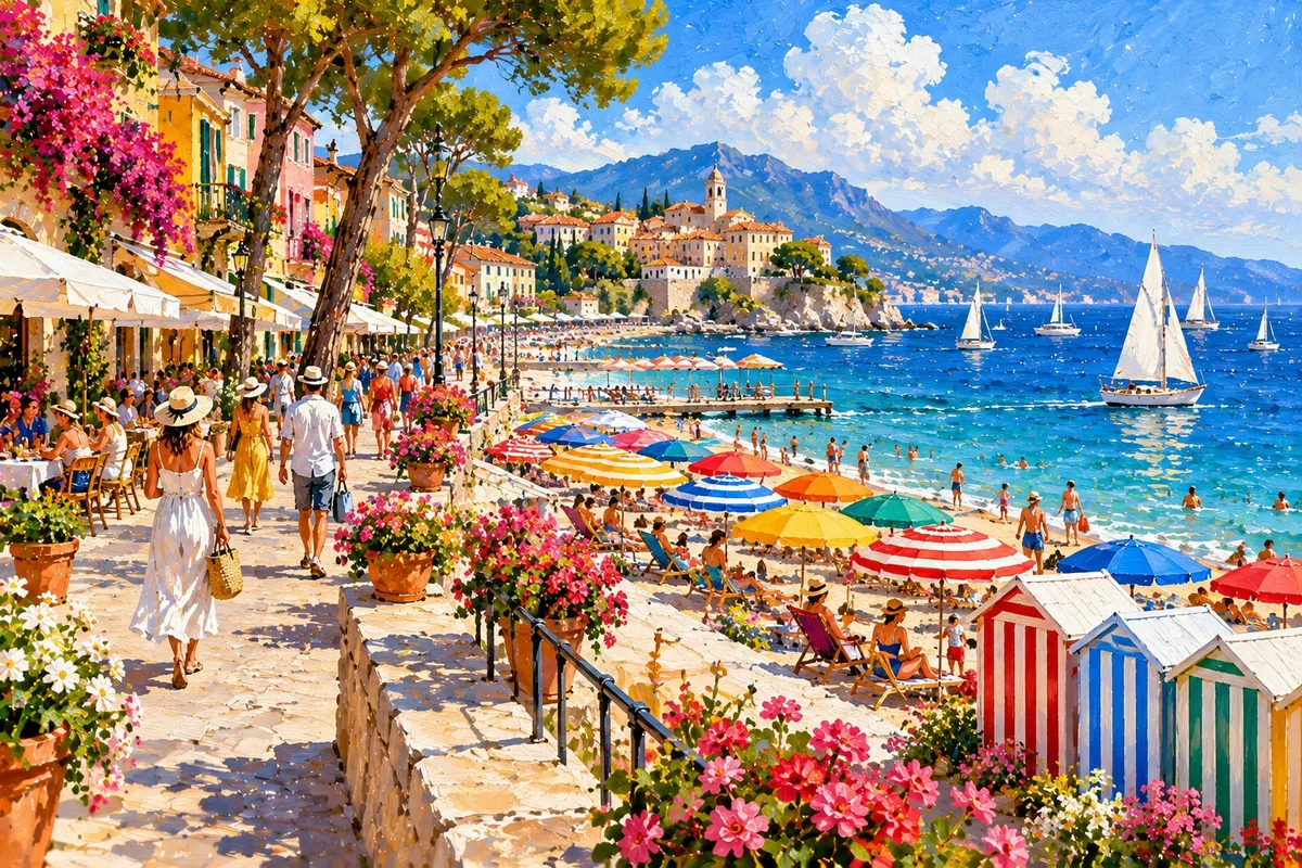 Painting of a beach promenade with colourful umbrellas and sailing boats