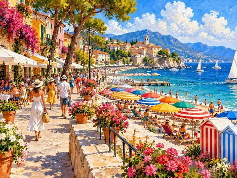 Painting of a beach promenade with colourful umbrellas and sailing boats