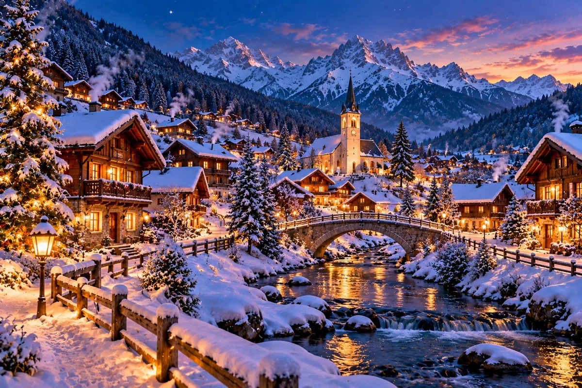 Snow-covered chalets with glowing windows in a mountain village at dusk