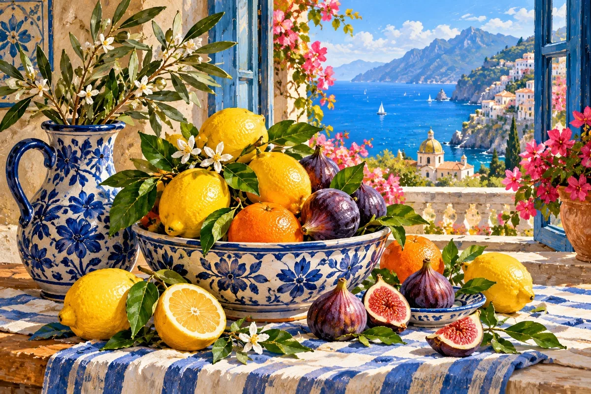 Painting of lemons and oranges in blue and white pottery by an open window