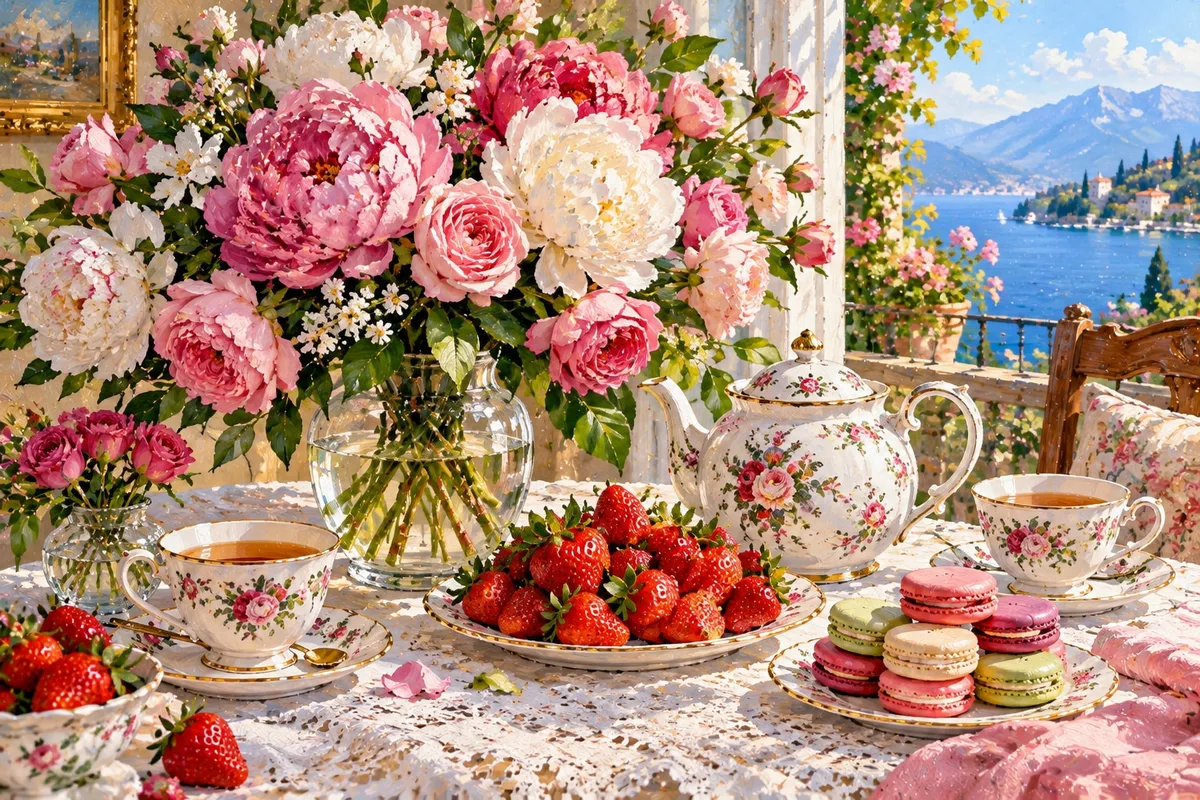 Painting of peonies in a vase with floral teacups and strawberries
