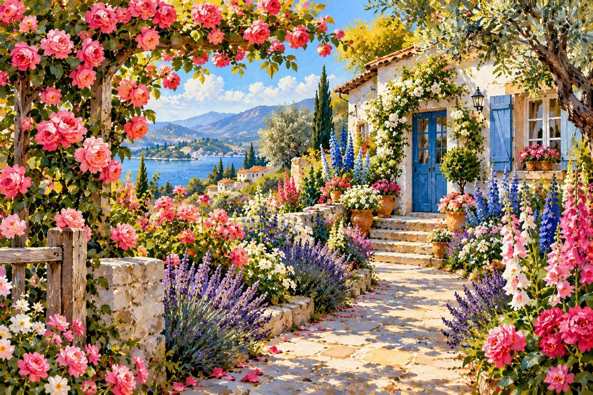 Painting of a flower-lined garden path leading to a white cottage