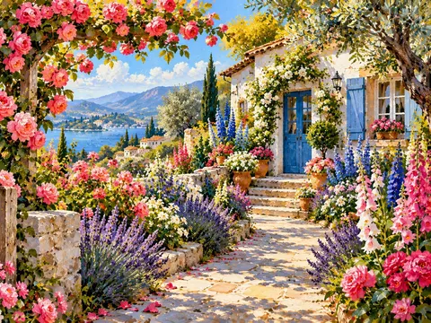 Painting of a flower-lined garden path leading to a white cottage