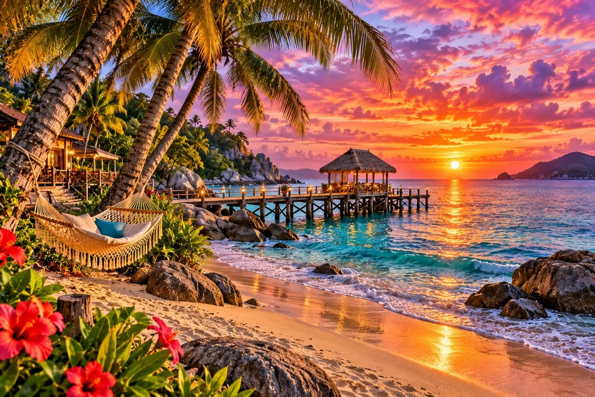 Palm trees and a wooden pier on a tropical beach under a pink and orange sunset