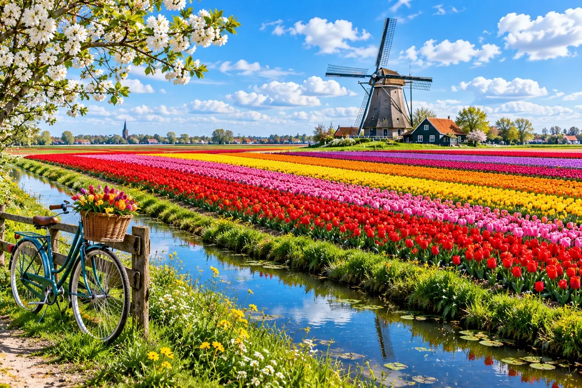 Rows of multicoloured tulips leading to a windmill under a blue spring sky