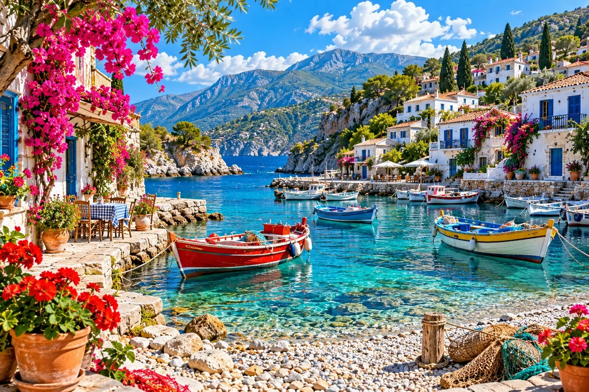 Colourful fishing boats in a turquoise bay below a hillside of white houses