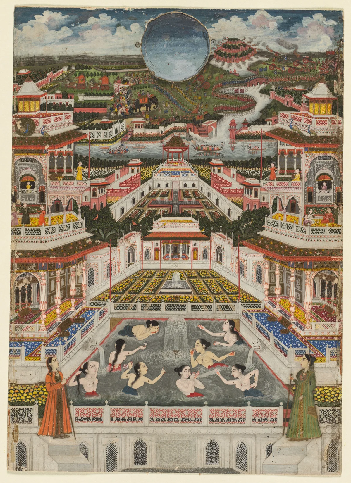 Women bathing before an architectural panorama, painting by Fayzullah