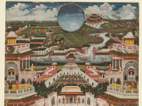 Women bathing before an architectural panorama, painting by Fayzullah