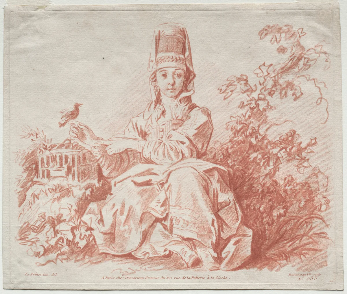 Young Girl Holding a Bird, print by Gilles Demarteau
