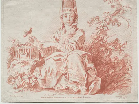 Young Girl Holding a Bird, print by Gilles Demarteau